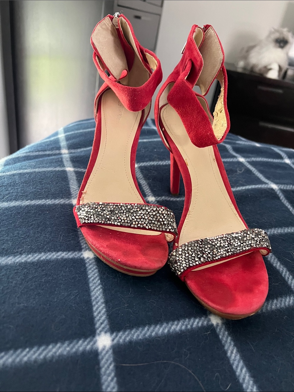 Calvin Klein Red Crystal-Embellished Ankle-Strap Heels